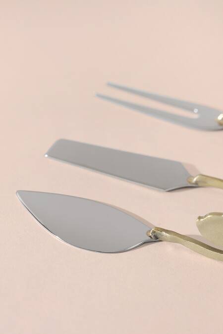 Table Manners_Gold Brass/ss Carved Details Kitty Party Cheese Knives Set_at_Aza_Fashions