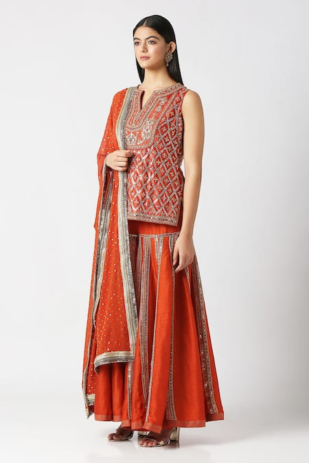 Shop_Labbada_Orange Kurta Pure Silk Hand Embroidered Marodi Notched Sharara Set_Online_at_Aza_Fashions