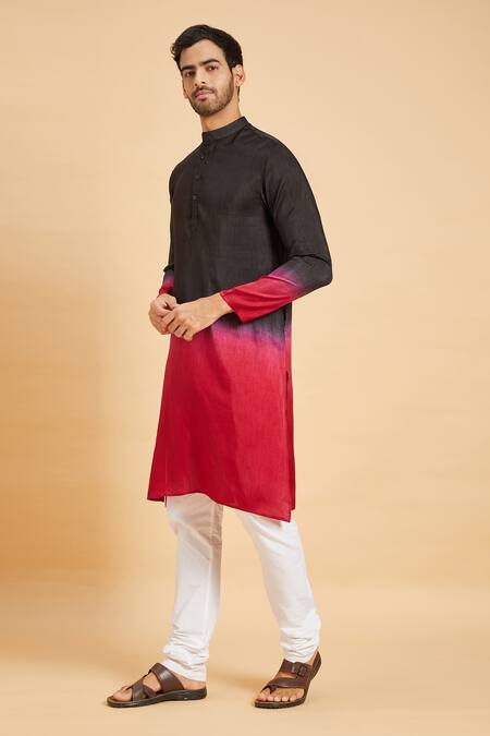 Shop_Hilo Design_Black Silk To Red Ombre Kurta For Kids_Online_at_Aza_Fashions