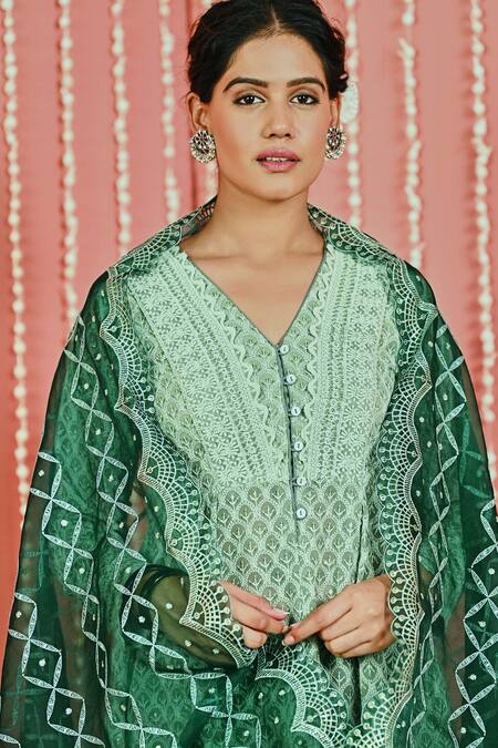 Myaara_Green Georgette, Organza, Cotton Embroidery V-neck Floral Anarkali Set_at_Aza_Fashions