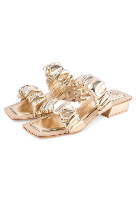 Kaltheos_Gold Plain Maureen Metallic Ruffle Strap Block Heels_at_Aza_Fashions