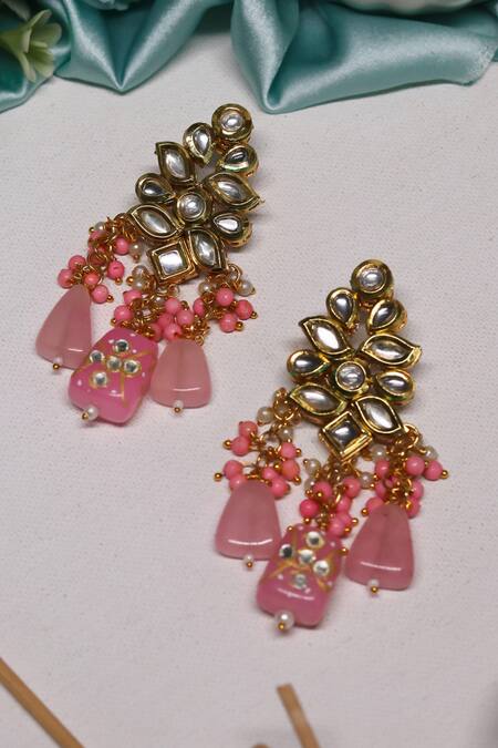 Ishhaara Pink Beads, Gota Patti, Diamonds Kundan Embellished Danglers at Aza Fashions Ishhaara_Pink Beads, Gota Patti, Diamonds Kundan Embellished Danglers _at_Aza_Fashions