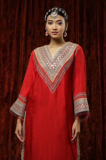 Shikhar Sharma Red Silk Chanderi Embroidered Pearl V Neck Kurta Pant Set at Aza Fashions Shikhar Sharma_Red Silk Chanderi Embroidered Pearl V Neck Kurta Pant Set _at_Aza_Fashions
