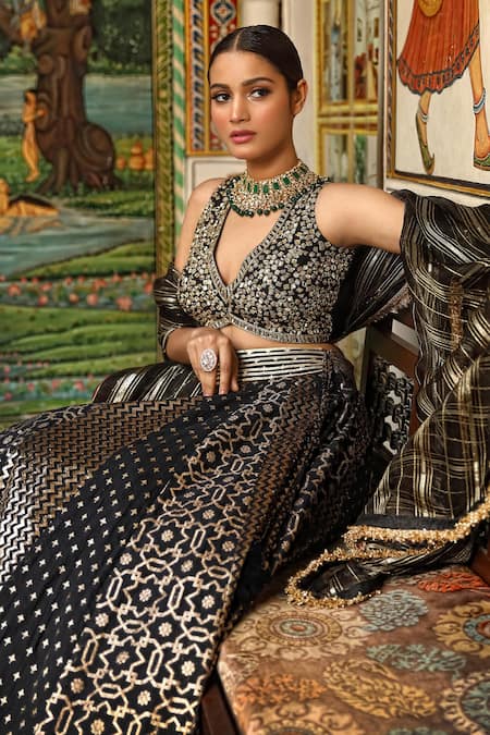 Neha Khullar_Black Organza, Net, Chanderi Silk, Cotton Woven Pattern Flared Lehenga Set _at_Aza_Fashions