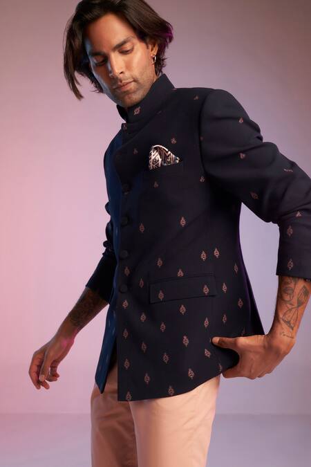 S&N By Shantnu Nikhil Blue Lycra And Viscose, Nylon Thread Embroidered Bandhgala at Aza Fashions S&N By Shantnu Nikhil_Blue Lycra And Viscose, Nylon Thread Embroidered Bandhgala_at_Aza_Fashions