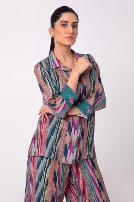 Label Shreya Sharma Multi Color Linen Collared Ikat Print Jacket With Pant at Aza Fashions Label Shreya Sharma_Multi Color Linen Collared Ikat Print Jacket With Pant_at_Aza_Fashions