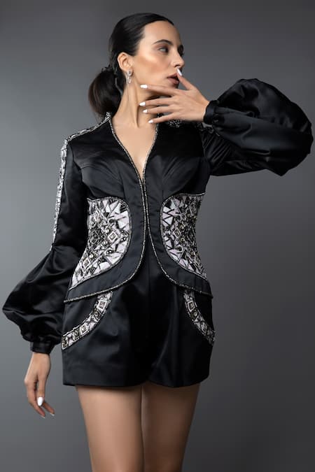 Anjum Qureshi_Black Satin Embroidery V-neck Hand Blazer Playsuit _at_Aza_Fashions