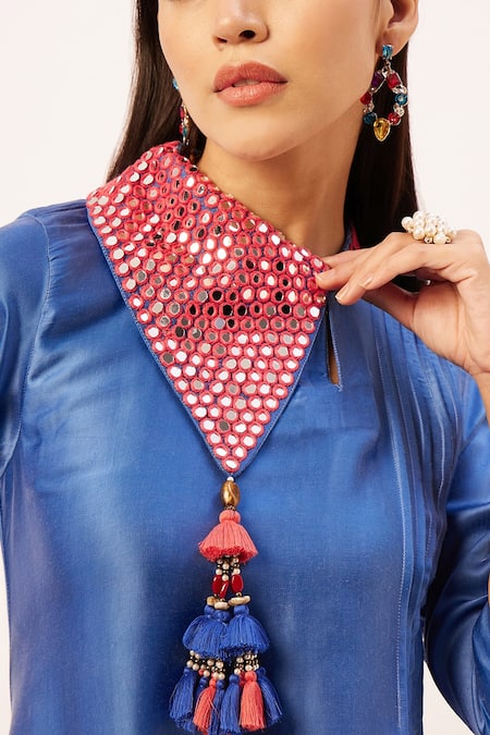 Shop Zariya The Label Blue Modal, Cotton, Satin Tassels Shawl Neck Asymmetric Hem Kurta With Pant Online at Aza Fashions Shop_Zariya The Label_Blue Modal, Cotton, Satin Tassels Shawl Neck Asymmetric Hem Kurta With Pant _Online_at_Aza_Fashions