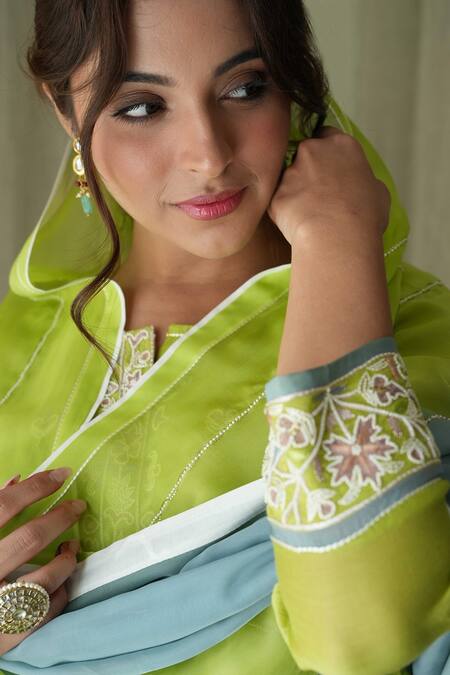 Kanika Sharma Green Silk, Georgette, Embroidery, Zari, Pearls Kurta Pant Set at Aza Fashions Kanika Sharma_Green Silk, Georgette, Embroidery, Zari, Pearls Kurta Pant Set _at_Aza_Fashions