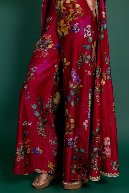 Varun Bahl_Fuchsia Chanderi Lace, Cut Work, Floral Print Anarkali Jacket And Pant Set _at_Aza_Fashions