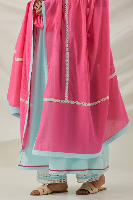 Shop_The Indian Cause_Blue Cotton Piping, Embroidery Round Neck Mastani Kalidar Kurta Palazzo Set_Online_at_Aza_Fashions