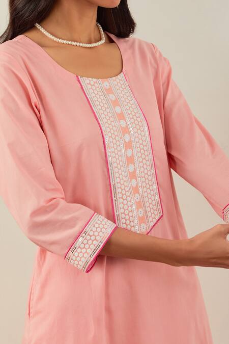 The Indian Cause_Peach Cotton Embroidery, Sequins Round Neck Rozana Placket Kurta _at_Aza_Fashions
