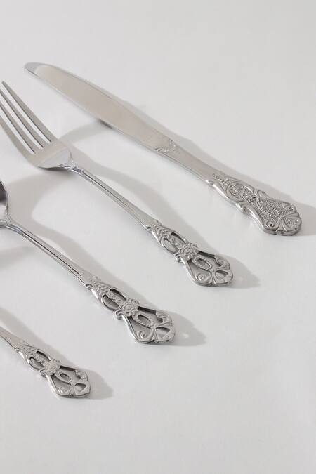 Table Manners_Silver Stainless Steel Engraved Cutlery Set_at_Aza_Fashions