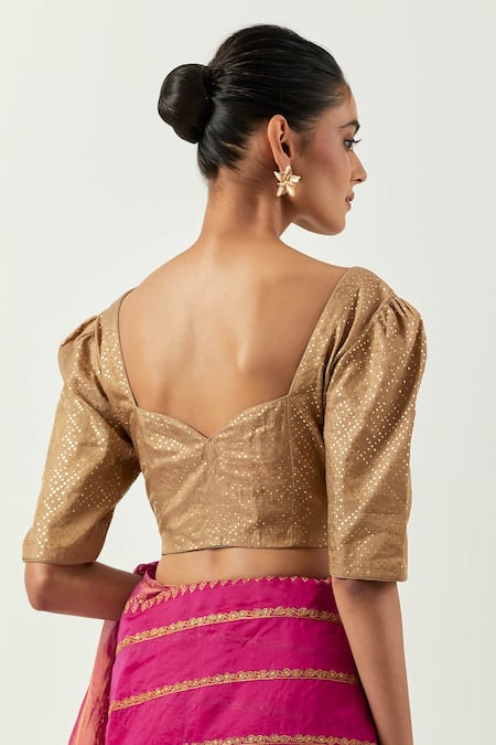 Label Earthen_Pink Chanderi Silk Embroidery Sweetheart Neck Sunahri Dhaari Saree With Blouse _at_Aza_Fashions