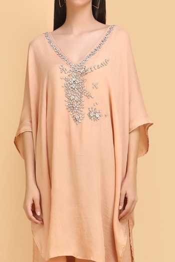 Label Ivish_Beige Silk, Chiffon Diamonds V-neck Diamante Embroidered Kaftan _at_Aza_Fashions