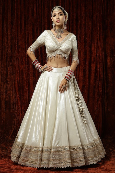 Shop Shikhar Sharma Silver Net, Tissue, Chanderi Beads, Chandni Gota And Zari Bridal Lehenga Set Online at Aza Fashions Shop_Shikhar Sharma_Silver Net, Tissue, Chanderi Beads, Chandni Gota And Zari Bridal Lehenga Set _Online_at_Aza_Fashions