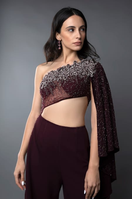 Anjum Qureshi_Wine Double Georgette Embroidery Sequin Asymmetric One Shoulder Jumpsuit _at_Aza_Fashions