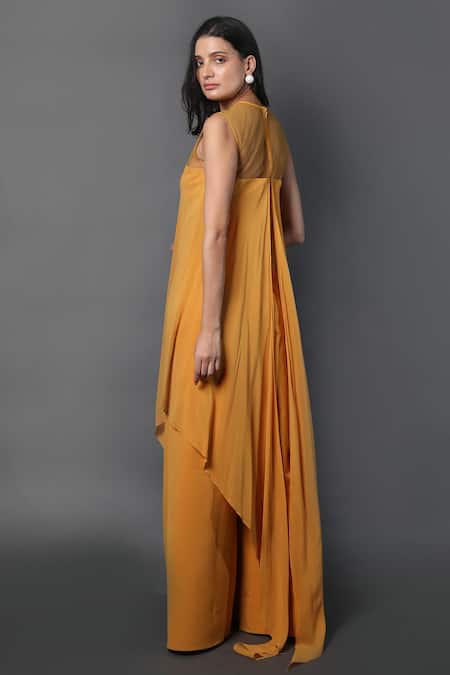Swatee Singh_Yellow Crepe, Georgette Round Neck Sheer Yoke Jumpsuit _at_Aza_Fashions