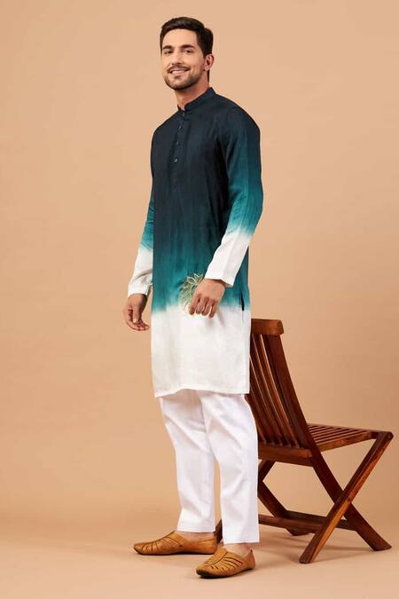Shop_Hilo Design_Green Cotton, Silk, Lycra Embroidery Leonine Kurta And Pant Set _Online_at_Aza_Fashions