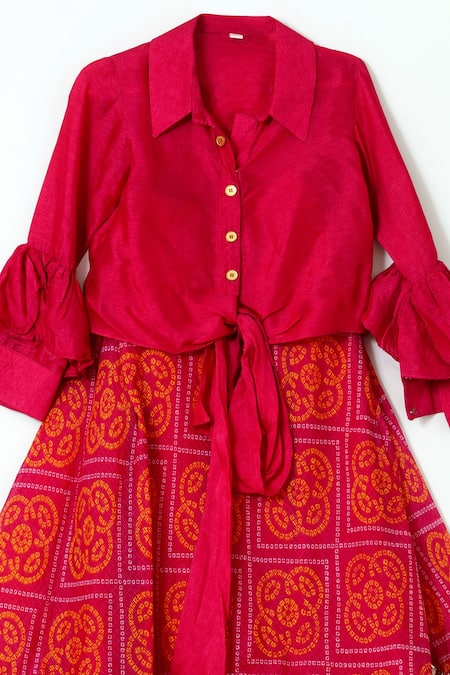 Shruti Jalan_Pink Cotton, Crepe Zari Bandhej Print Lehenga And Shirt Set _Online_at_Aza_Fashions