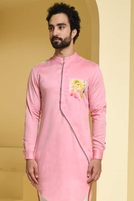 Shop Kustomeyes Pink Cotton Asymmetric Kurta And Pant Set Online at Aza Fashions Shop_Kustomeyes_Pink Cotton Asymmetric Kurta And Pant Set _Online_at_Aza_Fashions