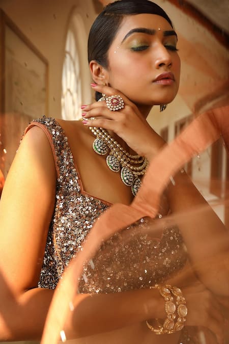 Miku Kumar_Peach Silk, Satin, Organza Sequins Scattered Embroidered Bridal Lehenga Set _at_Aza_Fashions