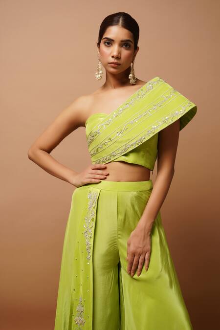 Ahi Clothing Green Crepe Sequins, Zari One Shoulder Embroidered Bustier And Palazzo Set at Aza Fashions Ahi Clothing_Green Crepe Sequins, Zari One Shoulder Embroidered Bustier And Palazzo Set _at_Aza_Fashions