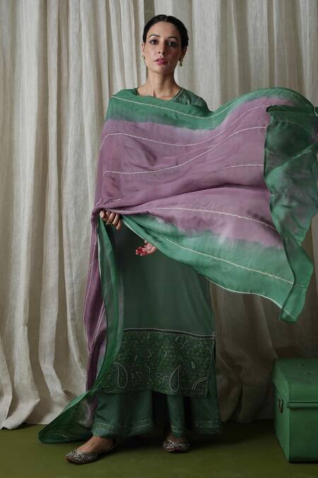 Kanika Sharma Green Modal, Organza, Georgette Embroidery Round Neck Hem Kurta Palazzo Set at Aza Fashions Kanika Sharma_Green Modal, Organza, Georgette Embroidery Round Neck Hem Kurta Palazzo Set _at_Aza_Fashions