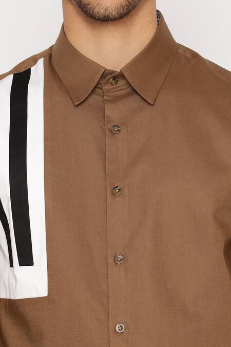 Lacquer Embassy_Brown Cotton Carey Color Block Panel Shirt _at_Aza_Fashions