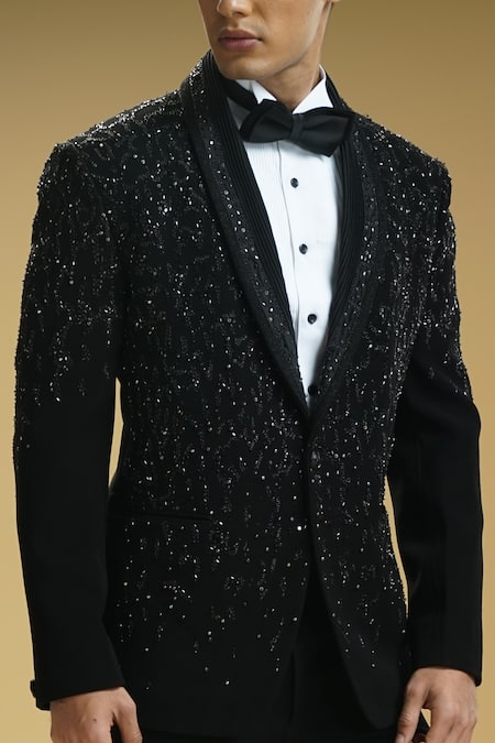 Kommal Sood Black Kupro Embroidered Sequin And Cutdana Tuxedo Trouser Set Online at Aza Fashions Kommal Sood_Black Kupro Embroidered Sequin And Cutdana Tuxedo Trouser Set _Online_at_Aza_Fashions