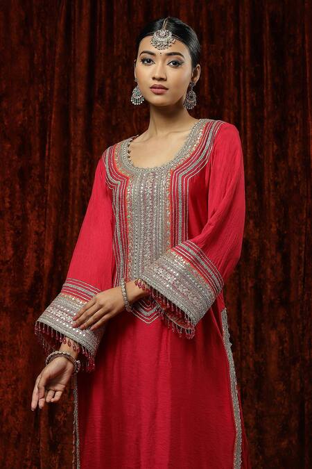 Shikhar Sharma Red Silk Chanderi Embroidered Pearl Round Full Sleeve Kurta Pant Set at Aza Fashions Shikhar Sharma_Red Silk Chanderi Embroidered Pearl Round Full Sleeve Kurta Pant Set _at_Aza_Fashions