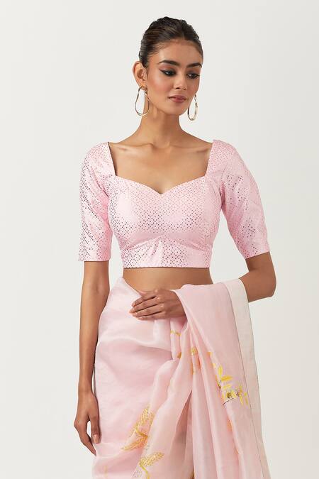 Label Earthen_Pink Organza Silk Embroidered Floral Sweetheart Neck Saree With Blouse _at_Aza_Fashions