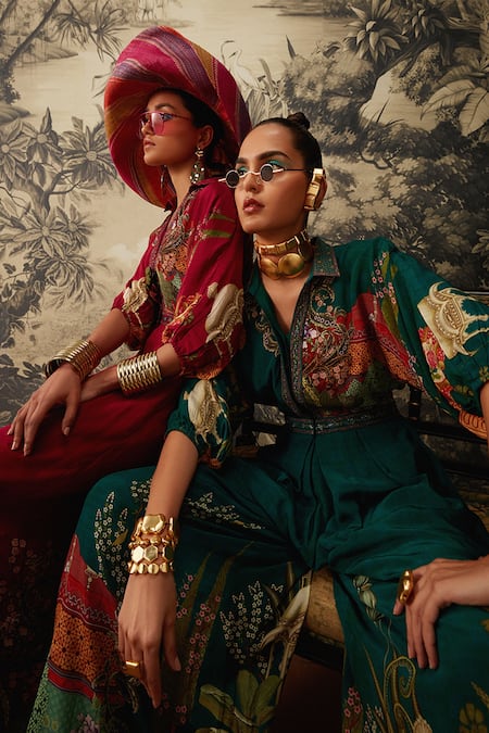 Kalista_Magenta Crepe Embroidery Collared Seinna Mughal Pattern Jumpsuit _at_Aza_Fashions