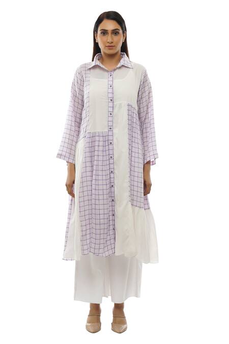 Shop_Khat_White Handloom Cotton, Poplin Collared Checkered Pattern Dress And Pant Set _Online_at_Aza_Fashions