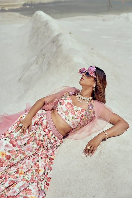 Nikita Vishakha_Pink Georgette, Silk Organza, Net Ruffle Cape And Printed Lehenga Skirt Set _at_Aza_Fashions