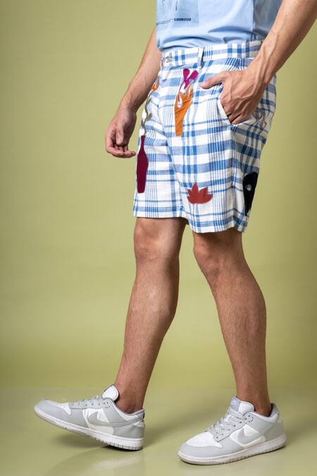 Shop Doodlage Blue Upcycled Cotton Embroidered Checkered Edwin Shorts Online at Aza Fashions Shop_Doodlage_Blue Upcycled Cotton Embroidered Checkered Edwin Shorts_Online_at_Aza_Fashions