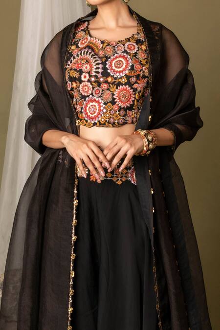 Pds By Sneha Black Organza Silk Embroidery Floral Round Blouse Sharara Set Online at Aza Fashions Pds By Sneha_Black Organza Silk Embroidery Floral Round Blouse Sharara Set _Online_at_Aza_Fashions