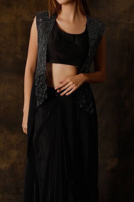 Eclat By Prerika Jalan Black Organza, Muslin, Crepe Sequins Round Asymmetric Cape And Draped Skirt Set at Aza Fashions Eclat By Prerika Jalan_Black Organza, Muslin, Crepe Sequins Round Asymmetric Cape And Draped Skirt Set _at_Aza_Fashions