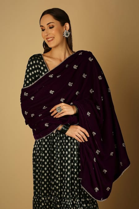 Monk & Mei By Sonia Anand Green Velvet, Brocade Chains, Embroidery Woven Floral Anarkali Set With Dupatta at Aza Fashions Monk & Mei By Sonia Anand_Green Velvet, Brocade Chains, Embroidery Woven Floral Anarkali Set With Dupatta _at_Aza_Fashions