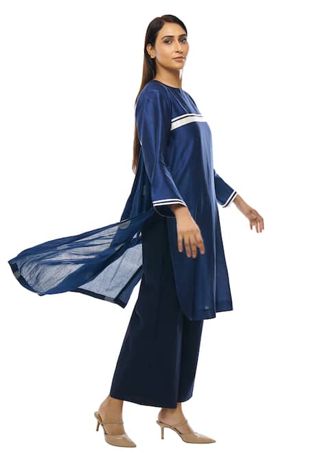 Buy_Khat_Blue Chanderi Silk, Handloom , Asymmetric Hem Kurta And Palazzo Set _Online_at_Aza_Fashions