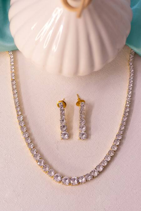 Ishhaara_Gold Plated Crystals Cubic Zirconia Embellished Necklace Set _at_Aza_Fashions