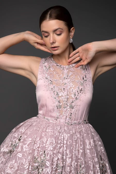Anjum Qureshi_Pink Satin Hand Embroidered Sequin Round Flounce Dress _at_Aza_Fashions