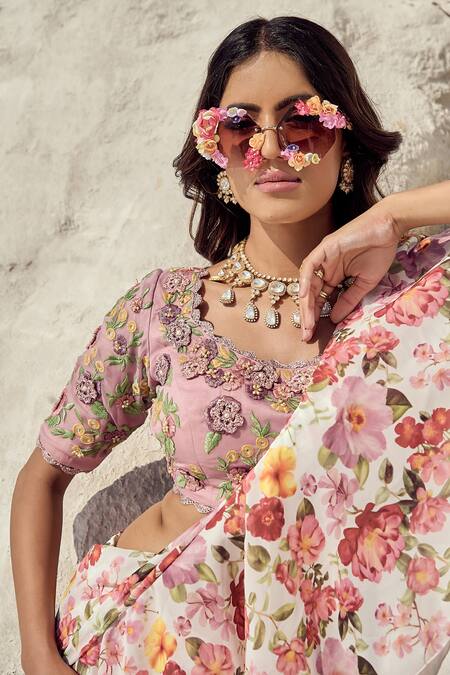 Nikita Vishakha Purple Silk Organza, Georgette Embroidery Hand Pre-draped Saree With Blouse at Aza Fashions Nikita Vishakha_Purple Silk Organza, Georgette Embroidery Hand Pre-draped Saree With Blouse _at_Aza_Fashions