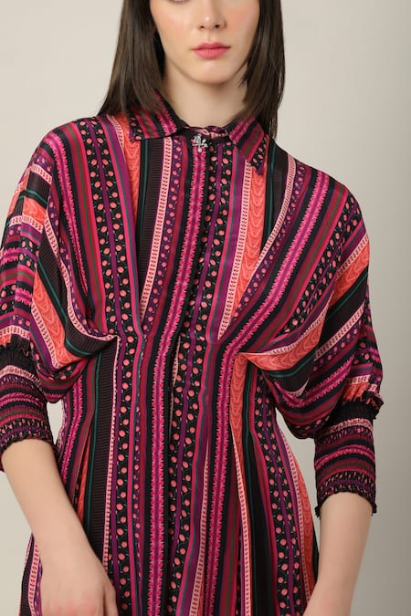 Buy Limerick By Abirr N' Nanki Multi Color Crepe Mandarin Collar Laurel Stripe Print Dress Online at Aza Fashions Buy_Limerick By Abirr N' Nanki_Multi Color Crepe Mandarin Collar Laurel Stripe Print Dress _Online_at_Aza_Fashions