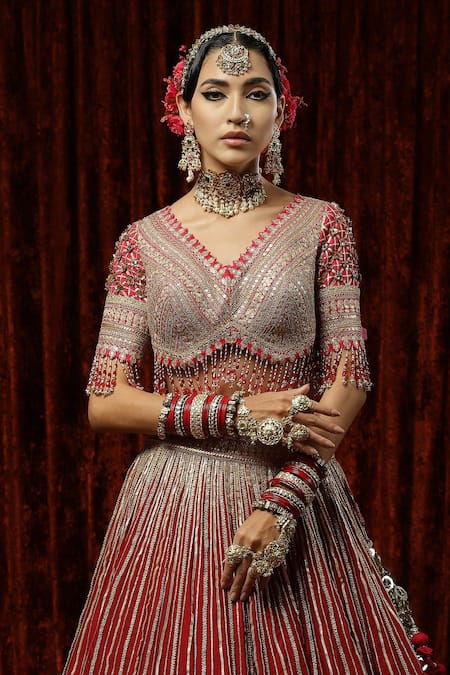 Shop_Shikhar Sharma_Red Silk, Net, Chanderi Beads, Tassels, Ruh Gulab Gota Bridal Lehenga Set _Online_at_Aza_Fashions