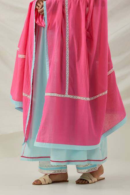 Shop_The Indian Cause_Blue Cotton Embroidery, Lace V-neck Markab Anarkali Palazzo Set_Online_at_Aza_Fashions