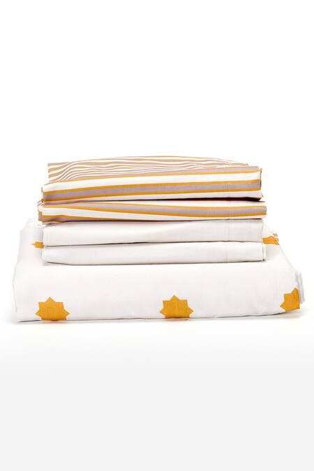 Kyoona_Yellow 100% Cotton Printed The Iktara Bedsheet Set_at_Aza_Fashions