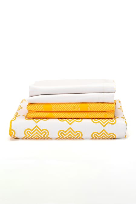 Kyoona_Yellow 100% Cotton Printed The Iktara Ii Bedsheet Set_at_Aza_Fashions