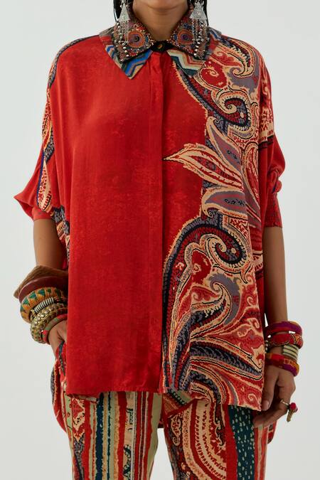 Buy Aseem Kapoor Red Natural Crepe Mandala Shirt Collar And Printed Pant Set Buy_Aseem Kapoor_Red Natural Crepe Mandala Shirt Collar And Printed Pant Set