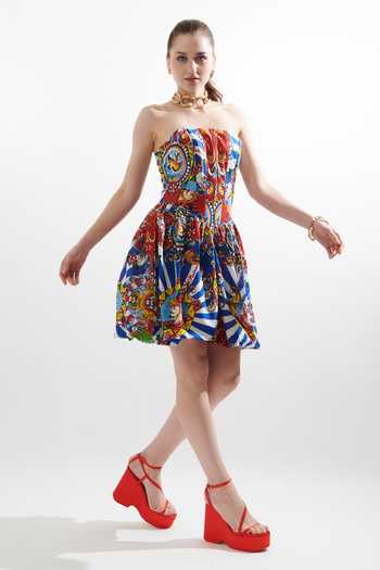 Cin Cin_Red Cotton Bandeau Neck Printed Motif Balloon Corset Short Dress _at_Aza_Fashions
